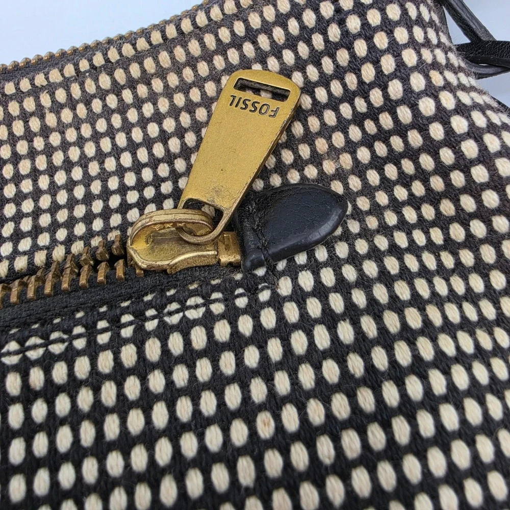 Fossil Crossbody Bag Black Cream Woven Fabric Leather Messenger Brass Hardware